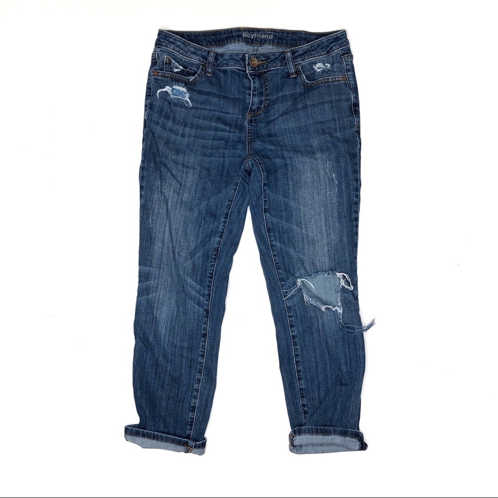 Joe Fresh Boyfriend Jeans 27 Blue Distressed Ripped Knee Cuffed Relaxed Fit